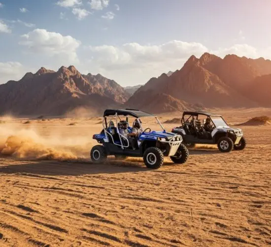 "Family in a 4-seater buggy racing across Sharm El Sheikh's desert and kicking up sand with Sinai mountains behind
