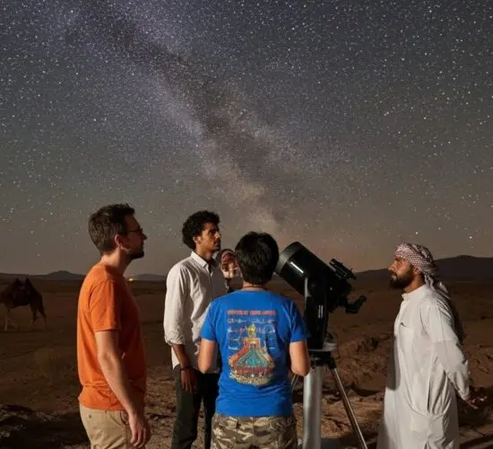 Stargazing under the clear Sinai desert sky: guests using telescope to explore the Milky Way on Sharm El Sheikh's 5-in-1 super safari.