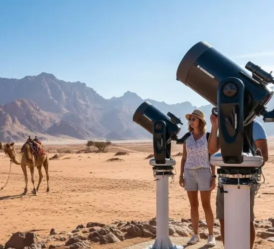 Stargazing moment in Sharm El Sheikh's 5-in-1 super safari: guest looking through telescope at brilliant starry desert sky.