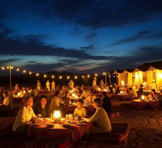 Bedouin dinner and show under the stars: guests enjoying traditional meal and entertainment during Sharm El Sheikh super safari.